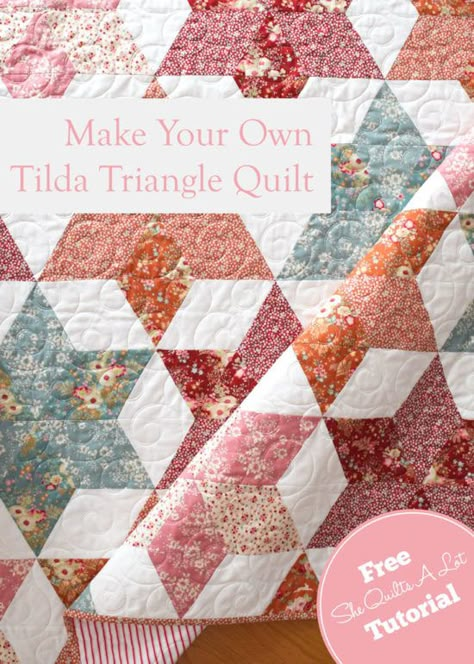 Tilda Triangle Quilt She Quilts A Lot Quilt Pattern Triangles, Fast And Easy Quilt Patterns Free, Four Color Quilts, Tilda Patterns Free Printable, 4 Yard Quilt Patterns, Quilts With Triangles, Tilda Quilts Pattern Free, Fat Quarter Friendly Quilt Patterns, Tumbling Triangles Quilt Pattern