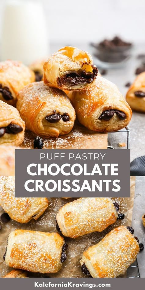 This Easy Puff Pastry Chocolate Croissants recipe is the answer to your breakfast in bed dreams!  Puff pastry is transformed into flaky and delicious croissants filled with melty chocolate chips.  Ready in under 30 minutes, it's a sweet and satisfying way to start your day French Chocolate Pastry, Pastry Crisps Recipe, Easy Breakfast Puff Pastry, Chocolate Chip Danish, Chocolate Croissant Puff Pastry, Chocolate Cresent Rolls Pillsbury, Croissant Breakfast Pie Recipe, French Food Recipes Easy, Chocolate Chip Puff Pastry