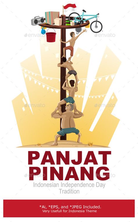 Panjat Pinang Pole Climbing Panjat Pinang Art, Indonesian Independence Day, Pole Climbing, Indonesian Independence, Hut Ri, Poster Design Layout, Independence Day Decoration, Game Illustration, Youtube Logo