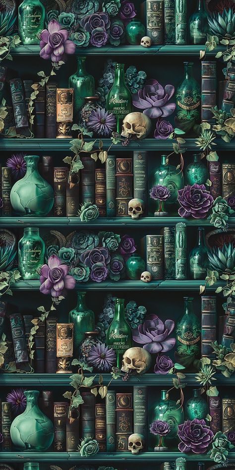 Witchy Nature Wallpaper, Cool Halloween Wallpaper Iphone, Wiccan Backgrounds Wallpapers, Bookshelf Phone Background, Purple Witch Background, Green And Purple Dark Aesthetic, Witch Iphone Wallpaper Aesthetic, Purple Fall Wallpaper Iphone, Iphone Book Wallpaper