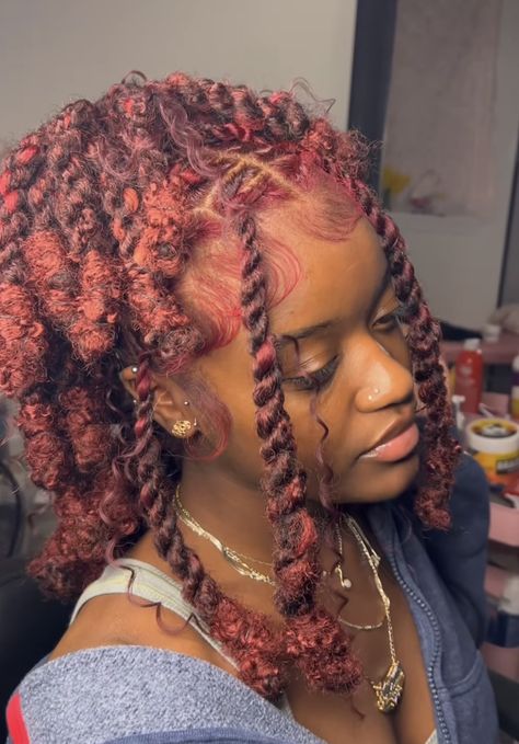 Invisible Locs Hairstyle Color, Cherry Cola Hair Color On Black Women, Burgundy Butterfly Locs Black Women, Passion Twists Hairstyle With Color Red, Red Invisible Locs, Maroon Butterfly Locs, Butterfly Locs With Color Red, Red Boho Locs Black Women, Invisible Locs With Color