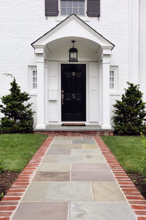 White Brick Colonial Portico Entry - Transitional - Exterior - New York - by Hierarchy Architecture + Design, PLLC | Houzz White Brick Colonial, Hierarchy Architecture, Colonial Portico, Front Door Portico, Portico Ideas, Door Portico, Portico Designs, Portico Entry, Colonial Renovation