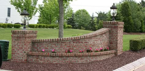 Brick Driveway Entrance, Driveway Entrance Ideas, Entrance Gates Driveway, Driveway Entrance Landscaping, Brick Driveway, Farm Entrance, Styl Hampton, Brick Columns, Driveway Entrance