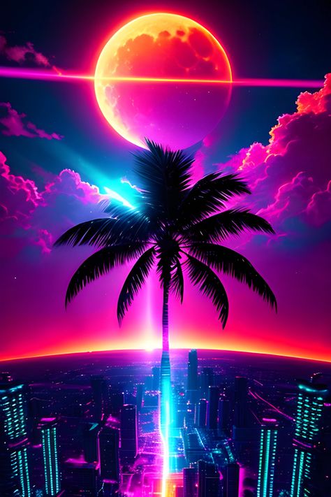 A glowing neon city at night with palm trees and a fantasy full moon. Synthwave vaporwave inspired art Neon Glow Wallpaper, Glowing Wallpaper Aesthetic, Neon Wall Painting, Retro Neon Wallpaper, Color Full Wallpaper, Neon Art Wallpaper, Neon Wallpaper Aesthetic, Neon Wallpaper Iphone, Neon Lights Wallpaper