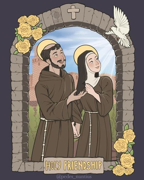 Maria Eckert on Instagram: "Today, on the Feast Day of Saint Clare of Assisi, I'd like to share this prayer card design. Saint Clare’s friendship with Saint Francis serves as an excellent example for all Christians of the kind of enriching, Christ-centered, friendship that we should strive for in our own lives. That being said, it’s also important to remember Saint Clare not only as the friend of Saint Francis but as an individual of remarkable faith, devotion, humility, bravery, and love. Lik St Francis And St Clare, St Francis Of Assisi Art, San Francesco D'assisi, St. Francis, Saint Clare Of Assisi, St Clare Of Assisi, Saint Clare, Saint Francis Of Assisi, Mere Christianity