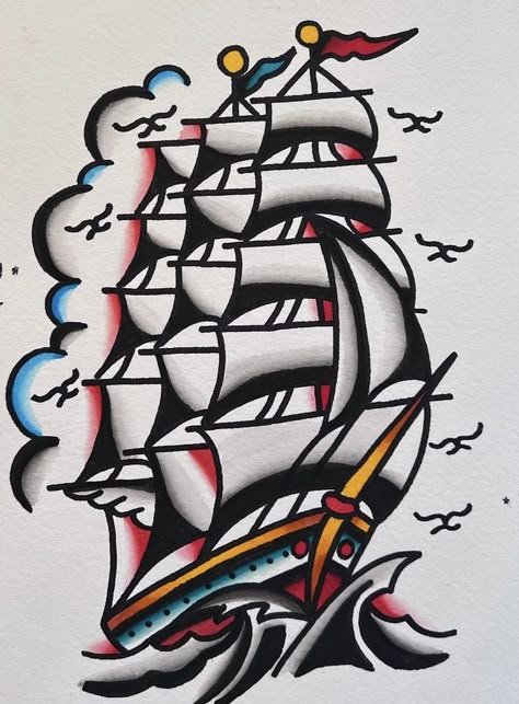 Ship Tattoo Traditional Old School, American Traditional Ship Tattoo Design, Sail Boat Tattoo Traditional, American Traditional Tattoo Ship, Sailor Boat Tattoo, Traditional Ship Tattoo Flash, American Traditional Naval Tattoos, American Traditional Boat Tattoo, Traditional Sailboat Tattoo