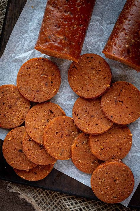 Seitan Pepperoni (Vegan) - Domestic Gothess Seitan Pepperoni, Pepperoni Recipes, Vegan Pepperoni, Gluten Desserts, Seitan Recipes, Meat Replacement, Edible Flowers Recipes, Vegan Worcestershire Sauce, Pizza Flavors