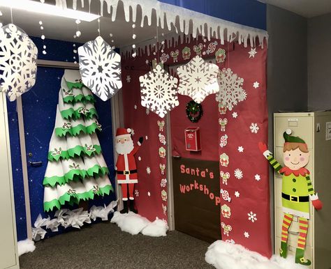 Santa’s Workshop school decoration idea. ❤️ #Christmas #speechtherapy Santa's Workshop Classroom, Santa Workshop Classroom Door, Christmas Classroom Themes, Christmas Board Decorations For School, School Hallway Christmas Decorations, Santa's Workshop Decorations, Whoville Hallway, Santas Workshop Theme Decorations, Christmas Board Decoration