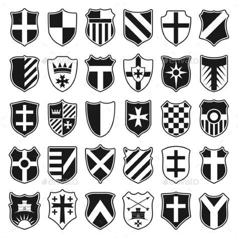 Large set of black heraldic shields with emblems isolated on white background. Vector illustration. Shield Illustration, Shield Graphic Design, Shield Shapes Design, Medieval Shield Design, Shield Symbol, Shield Logo Design, Shield Logo Vector, Shield Vector, Football Logo Design