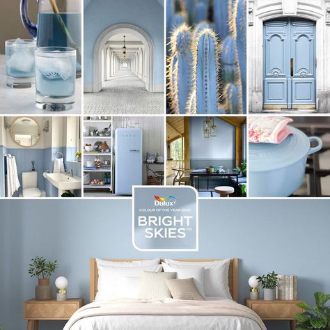 Bright Skies Dulux Nordic Sky, Dulux Bright Skies, Bright Skies Dulux Paint, Sky Blue Bedroom Walls, Dulux Cornflower White, Dulux Bright Skies Bedroom, Sunny Sky Ceiling Mural, Blue Bedroom Walls, Wall Colours