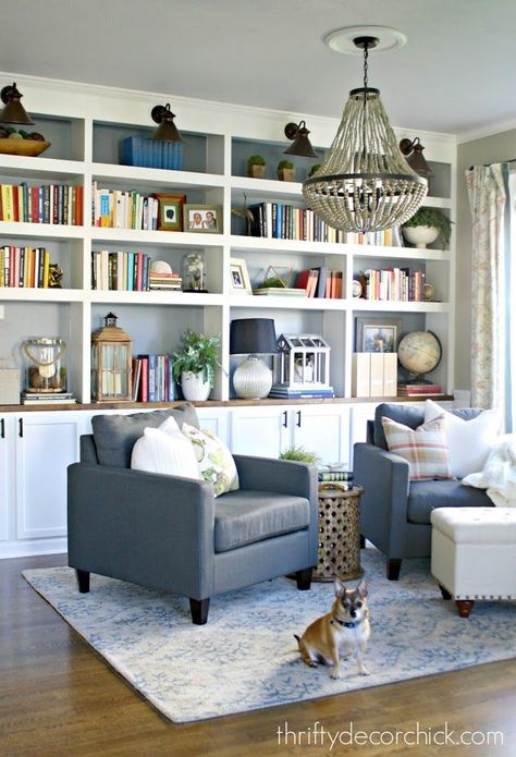 Dining Room Turned Sitting Room, Dining Room Turned Library, Small Sitting Rooms, Thrifty Decor Chick, Diy Bedroom, Flex Room, Island Kitchen, Built In Bookcase, Room Remodeling