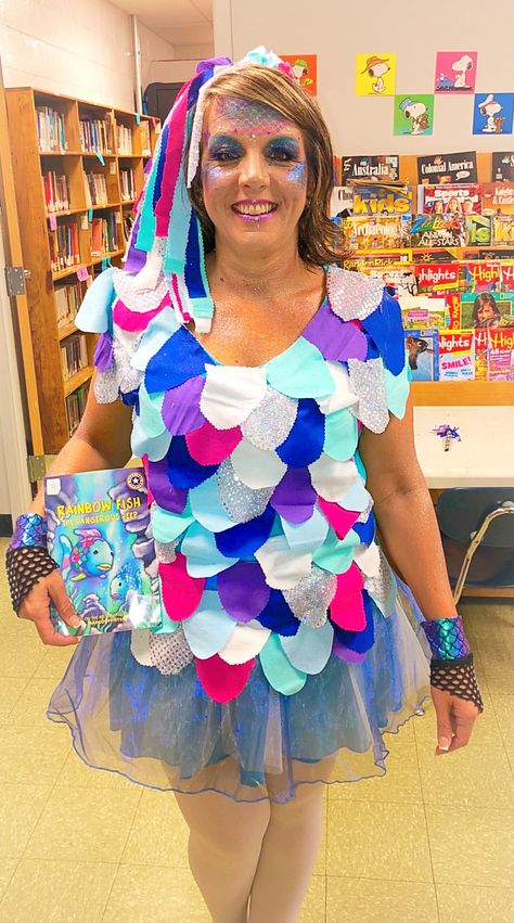 Rainbow Fish costume Rainbow Fish Face Paint, Beta Fish Costume, Rainbow Fish Makeup, Fish Costume Diy, Diy Fish Costume, Rainbow Fish Costume, Fish Costumes, Rainbow Fish Book, Childcare Ideas