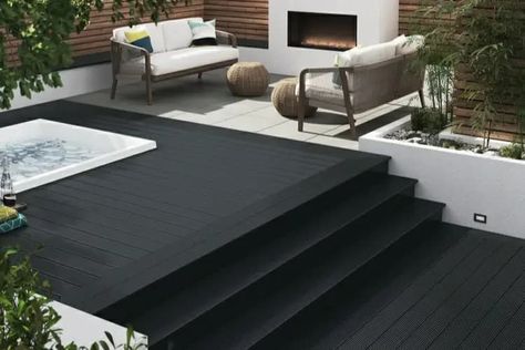 Best Black Composite Decking Manufacturer & Supplier In China - UNIFLOOR Black Decking Ideas, Black Decks, Porch Railing Designs, Railing Designs, Decking Boards, Composite Fencing, Black Deck, Wpc Decking, Composite Decking Boards