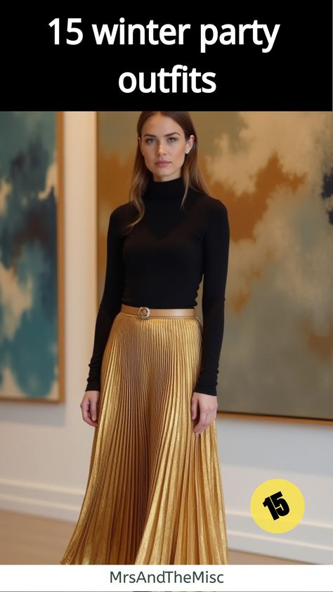 winter party outfits Pleated Skirt Cocktail Outfit, Holiday Tulle Skirt Outfit, Gold Long Skirt Outfit, Cocktail Attire Skirt, Holiday Party Outfit Semi Formal, Champagne Skirt Outfit Winter, Gold Satin Skirt Outfit Winter, Gold Metallic Skirt Outfit, Gold Turtleneck Outfit