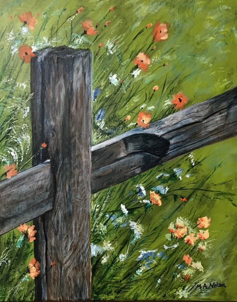 Fence Post & Flowers Acrylic on canvas Fence Post Painting, Fence With Flowers Painting, Fence Post Painting Ideas, Simple Acrylic Paintings Landscape, Fence Drawing, Painting Fence, Farm Scene Painting, Fence Painting, Farm Scenes