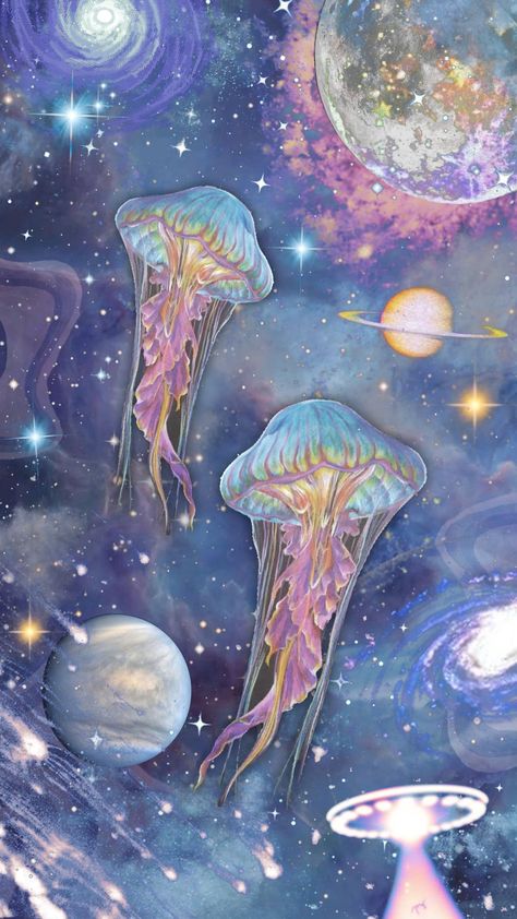 #jellyfish #stars #space #fyp #wallpaper #art #artcollage #galaxy #spaceaesthetic #pastel # Stars Space, Jellyfish Art, Sea Painting, Phone Wallpaper Patterns, Gcse Art, Wallpaper Art, Star Art, Ipad Wallpaper, Jellyfish