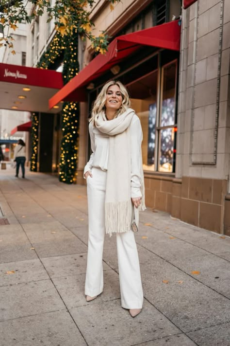 MUSE MONDAY // WINTER WHITE White On White Outfit Winter, Winter White Wool Pants, White Winter Outfits For Women, Winter White Holiday Party Outfit, Monochromatic White Outfit, Winter White Outfits For Women Dressy, Winter White Pants Outfit Dressy, All White Womens Outfits, White Party Outfit Winter