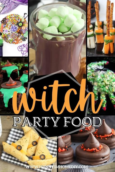 Witch party food ideas Witchy Party Snacks, Halloween Witch Themed Food, Witches Party Ideas For Adults, Halloween Witch Recipes, Witch Themed Appetizers, Kids Witch Birthday Party, Hocus Pocus Themed Movie Night, Witch Party Food Ideas, Halloween Bunco Food