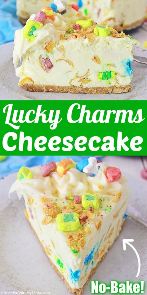 St Patrick’s Day Cheesecake, Saint Patrick Day Desserts, Spring Cheesecake Recipes, Desert Hacks, Lucky Charms Recipes, St Patricks Desserts, Cheesecake No Bake, St Patricks Day Food, Bake Cheesecake