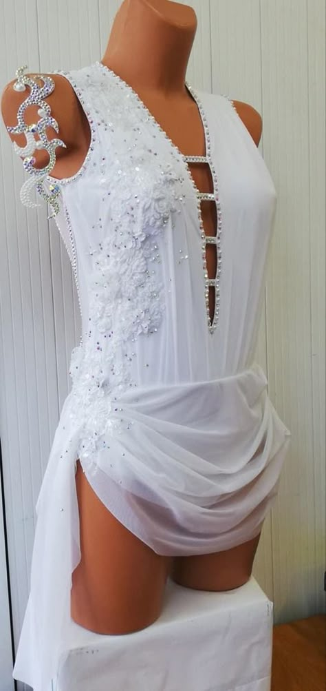 White Leotard Costume, Dance Costume Leotard, Light Blue Lyrical Dance Costumes, White Lyrical Costume, Senior Solo Dance Costume, White Contemporary Dance Costume, White Lyrical Dance Costumes, White Dance Costumes, Lyrical Dance Costumes