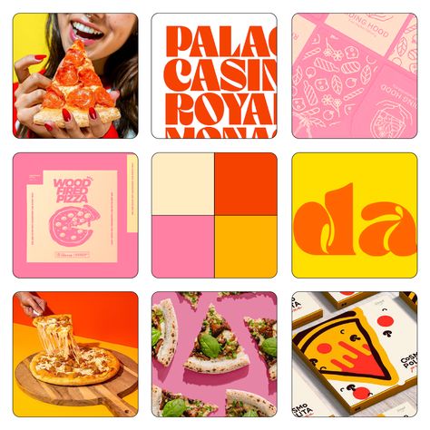 Bright and playful mood board for a pizza restaurant. Bright, funky and playful brand board Restaurant Mood Board, Pizza Branding, 200 Followers, Pizza Restaurant, Brand Board, A Pizza, Brand Designer, Brand Design, Mood Board