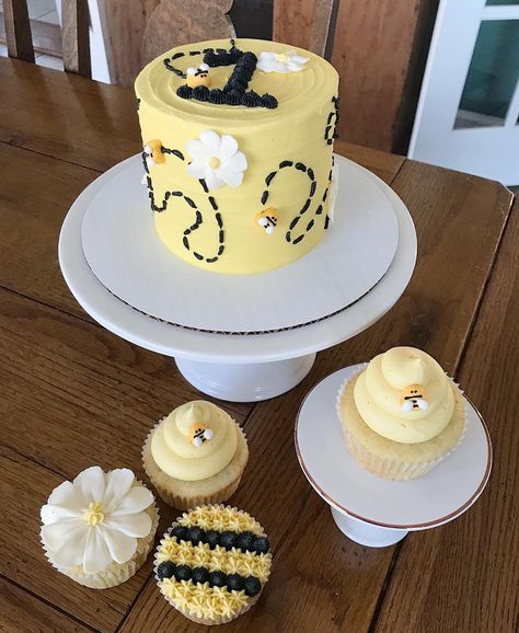 Macy Schmelzer on Instagram: “Bumble bee smash cake and cupcakes for a first bee-day party 🐝 I have been willing an order with this theme to come in for so long because…” First Bee Day Cake, Bee Smash Cake, Smash Cake And Cupcakes, First Bee Day, Bee Birthday Cake, Bee Cake, Bumble Bee Birthday, Bee Birthday Party, Bee Cakes