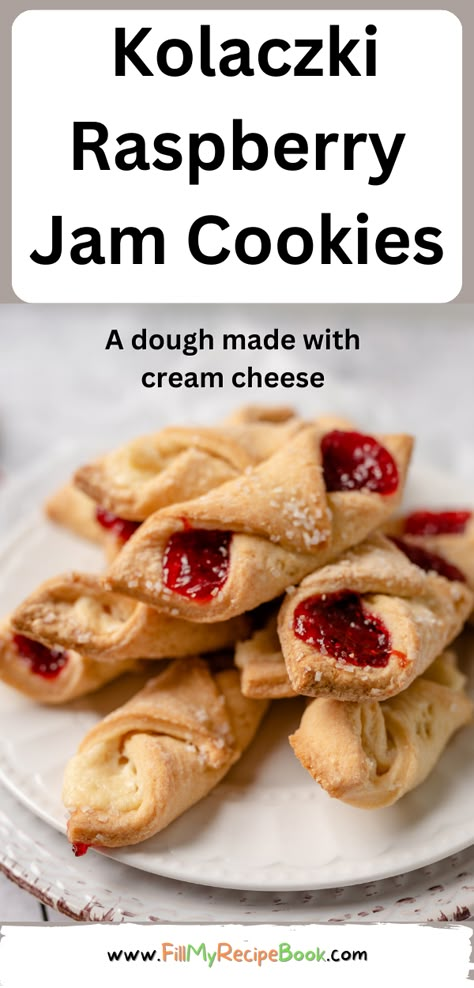 Kolaczki Raspberry Jam Cookies - Fill My Recipe Book Raspberry Jam Cookies, Cream Cheese Dough, Christmas Eve Brunch, Aesthetic Snack, Cheese Dough, Tea Time Recipes, Raspberry Cookies, Raspberry Preserves, Jam Cookies