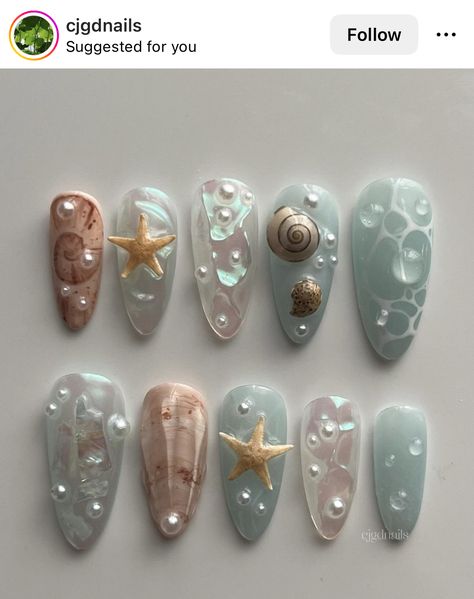 Seashell Nails, Sea Nails, Kutek Disney, Beachy Nails, Summery Nails, Simple Acrylic Nails, Mermaid Nails, Pretty Gel Nails, Really Cute Nails