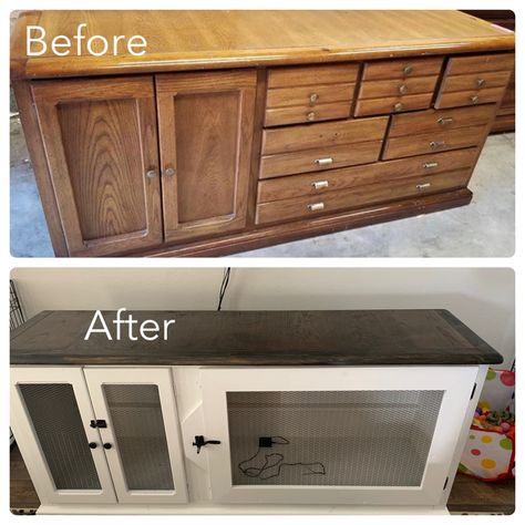 We refinished an old dresser to work as a dog crate. Way cheaper then paying someone to make one.  And I was so pleased with how it turned out. Dog Beds Made From Furniture, Dog Bedroom Ideas, Dog Bedroom, Diy Dog Crate, Dog And Owner, Dog Kennel Furniture, Diy Dog Kennel, Indoor Rabbit, Dog Crates