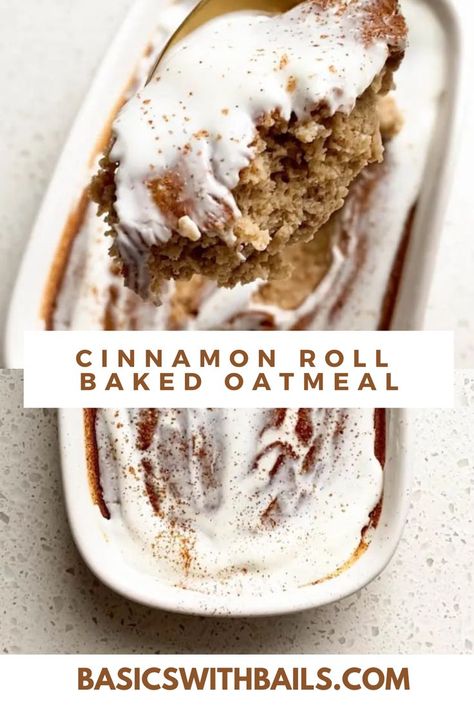 This Cinnamon Roll Baked Oatmeal is easy to throw together and has all the flavors of your grandmother’s homemade cinnamon buns. A baked protein oats recipe that feels super comforting and decadent but is healthy and naturally gluten-free. Cinnamon Roll Baked Oatmeal Protein, Cinnamon Bun Oatmeal, Cinnamon Roll Baked Oatmeal, Cinnamon Roll Baked Oats, Rolled Oats Recipe, Cinnamon Roll Bake, Protein Baking, Baking Buns, Crunch Cereal