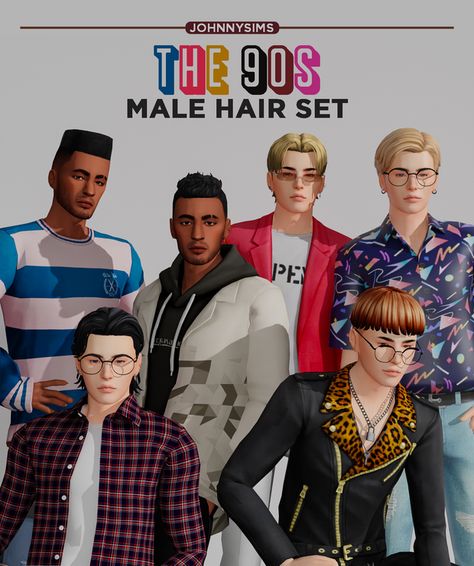 The 90s Male Hair Set | JohnnySims on Patreon Sims 4 Hair Male, Sims 4 Male Clothes, Pelo Sims, The Sims 4 Packs, Male Hair, Hair Set, Sims Ideas, Sims 4 Characters, Sims 4 Mm