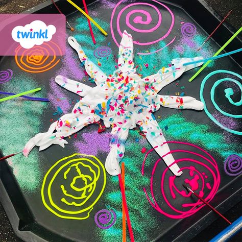 Create your own Bonfire Night sensory tuff tray activity like Rebecca. All you need is shaving foam and paint to set it up. Why not add some Bonfire Night topic word cards to enhance your children's learning? Visit the Twinkl website to download and find more ideas for teaching Bonfire Night. #bonfirenight #fireworks #bonfire #craftsforkids #crafts #teaching #teacher #teachingresources #twinkl #twinklresources #homeschooling #school #classroomideas #parents #tufftray #tuffspot #tufftrayideas Tuff Tray Ideas Eyfs, Bonfire Night Kids, Diwali Eyfs, Diwali Facts, Bonfire Night Activities, Bonfire Night Crafts, Fireworks Craft For Kids, Tuff Tray Ideas, Sparklers Fireworks