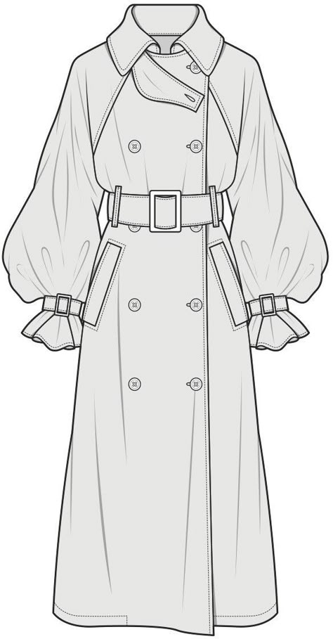 Trench Coat Design Sketch, Long Jacket Reference Drawing, Trench Coat Sketch, Trench Coat Flat Sketch, Trench Coat Illustration, Trench Coat Technical Drawing, Coat Technical Drawing, Coat Flat Sketch, Trench Coat Drawing