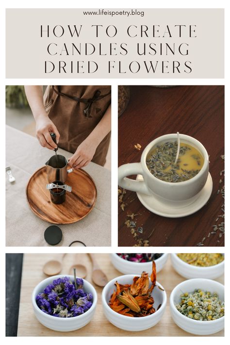 Soot Free Candles, Homemade Flower Candles, Diy Candles Non Toxic, Diy Soy Candles With Dried Flowers, Adding Dried Flowers To Candles Diy, Home Made Candles How To Make, Beeswax Candles With Dried Flowers, Crafts To Do With Dried Flowers, Dried Flowers On Candles