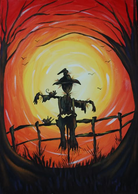 Fall Scene Painting Easy, Fall Scene Drawing, Scarecrow Painting On Canvas, Cute Fall Paintings On Canvas Easy, Fall Acrylic Painting Ideas, Simple Fall Paintings, Autumn Painting Ideas, Scarecrow Painting, Fall Field