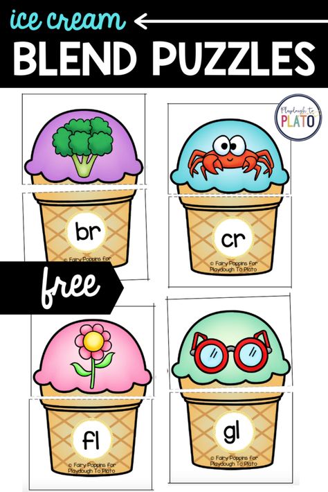 Beginning Blends Worksheets Free, L Blends Anchor Chart, Ice Cream Reading Activities, Blending Activities First Grade, Diagraph Activities Kindergarten, Free Literacy Centers, Blending Phonemes Activities, Blending Practice Kindergarten, Blend Activities