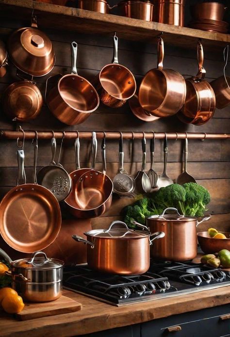 Copper Pans In Kitchen, Kitchen Island Pot Rack, Copper Kitchen Appliances, Copper Kitchen Accents, Italy Kitchen, Kitchen Pots, Copper Kitchen Decor, Copper Utensils, Vintage Cookware