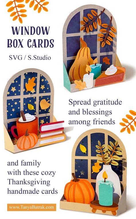 Window Box Cards, Popup Cards How To Make, Cricut Pop Up Cards, Autumn Window Decorations, Autumn Paper Crafts, Autumn Cards Handmade, Crafts For Toddlers Christmas, Thanksgiving Card Ideas, Christmas Craft Ideas To Make