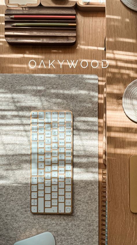 a terrific set of home office accessories from a solid wood oak standing desk and desk shelf to felt desk mat and a handy set of oakyblocks to organise the space. Rising Desk Decor, Oak Desk Setup, Desk Mat Ideas, Imac Office, White Oak Desk, Rising Desk, Office 2023, Aesthetic Home Office, Workspace Desk