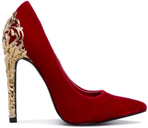 Embellished 'Krya' Pump With Gold Filigree Heel Gryffindor Princess, Quinceanera Heels, Quince Heels, Red And Gold Quince, Aladdin Wedding, Shoe House, Quinceanera Shoes, Red Dress Shoes, Queen Isabella