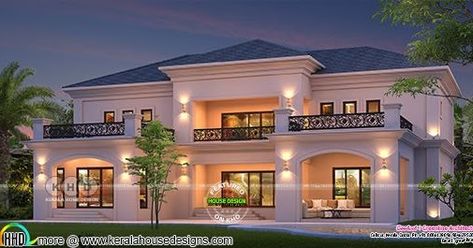 4300 square feet 5 bedroom colonial model French house in Kerala by Greenline Architects & Builders, Calicut French Colonial House, Colonial House Exteriors, Colonial House Plans, Classic House Exterior, Classic House Design, Kerala House Design, Kerala Houses, Modern Style House Plans, Architect Design House