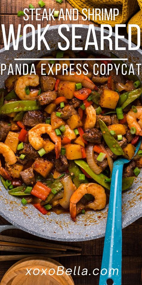 Steak Bites And Shrimp, Beef And Shrimp, Shrimp Stirfry, Panda Express Copycat, Panda Express Recipes, Stir Fry Shrimp Recipes, Angus Steak, Wok Recipes, Asian Stir Fry