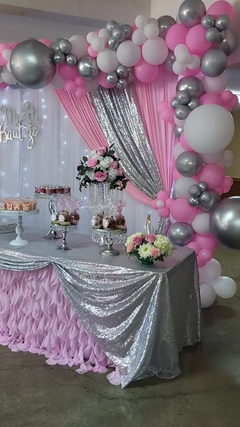 Pink And Silver Party Ideas, Pink And Silver Themed Birthday Party, Pink Silver White Party Decor, Pink And Silver Wedding Decorations, Pink And Silver Candy Table, Pink And Silver Graduation, Pink And Silver Graduation Party Ideas, Silver Sweet 16 Decorations, Pink Silver Birthday Decor