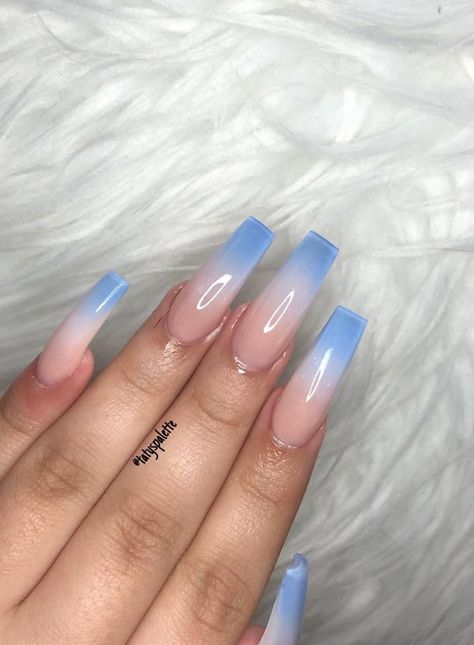 Nails Ombre Blue And White, Blue Ombré Acrylic Nails, Light Blue Nail Designs Coffin, Baby Blue Nails Ombre, Blue Ombre Nails Acrylic, Light Blue Ombre Nails Coffin, White To Blue Ombre Nails, Blue Acrylic Nails Ombre, Blue Ombre Nails Square