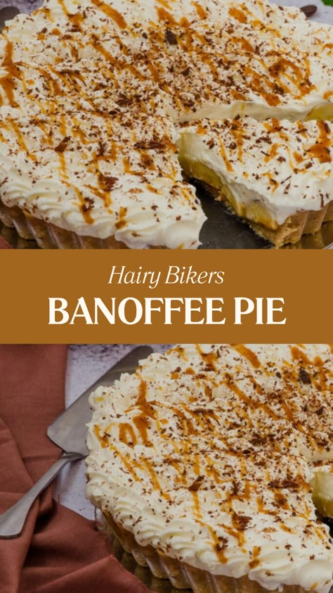 Hairy Bikers Banoffee Pie Banoffee Bars, Hairy Bikers Recipes, Boiled Fruit Cake, Banoffee Pie Recipe, Plum Crumble, British Cooking, Homemade Toffee, Mary Berry Recipe, Banoffee Pie