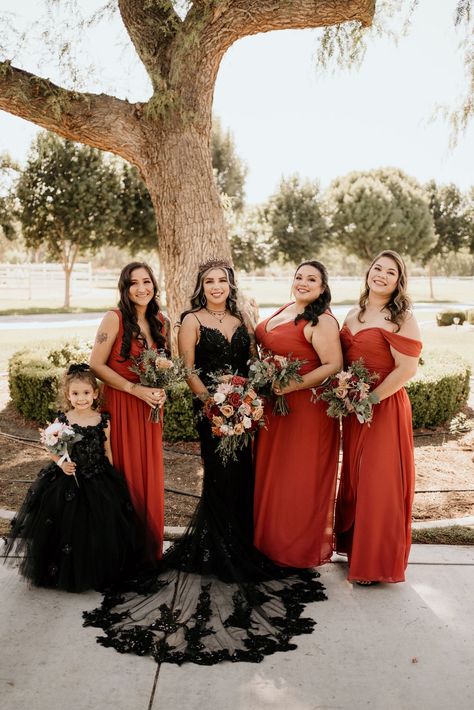 Black And Orange Bridesmaid Dresses, Black Wedding Dress And Bouquet, Black Wedding Dress Orange Bridesmaids, Black And Rust Wedding Dress, Halloween Bridesmaids Dresses, Fall Black Wedding Dress, Black Rust And Gold Wedding, Spooky Wedding Ideas Bridesmaid Dresses, Dark Rust Bridesmaid Dress