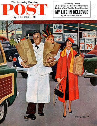 Saturday Evening Post Covers 1950s | Sack Full of Trouble by Richard Sargent Norman Rockwell Art, Saturday Evening Post Covers, Old Magazine, Vintage Housewife, Retro Housewife, Evening Post, Saturday Evening Post, Norman Rockwell, Vintage Life