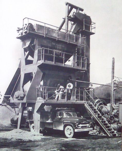 The Allen Company's asphalt plant late 1940's to early 1950's in central Kentucky. 1956 Chevy Truck, Central Kentucky, Asphalt Plant, Road Building, Asphalt Pavement, White Tractor, Plant Logo, 1956 Chevy, Plant Logos