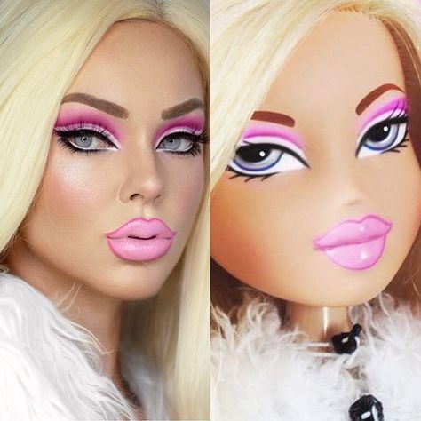 Bratz Costume Makeup, Brats Doll Makeup Halloween, Diy Bratz Doll Costume, Bratz Doll Makeup Halloween, Barbie Inspired Makeup Look, Chloe Bratz Doll Halloween Costume, Brat Doll Halloween Costume, Barbie Costume Makeup Look, Bratz Halloween Makeup