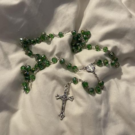 Jerusalem green glass bead rosary with silver cross... - Depop Praying Rosary Aesthetic, Green Silver Aesthetic, Rosary Aesthetic, Green Rosary, 2024 Moodboard, Bead Rosary, Alicent Hightower, Fire And Blood, Green Chrome